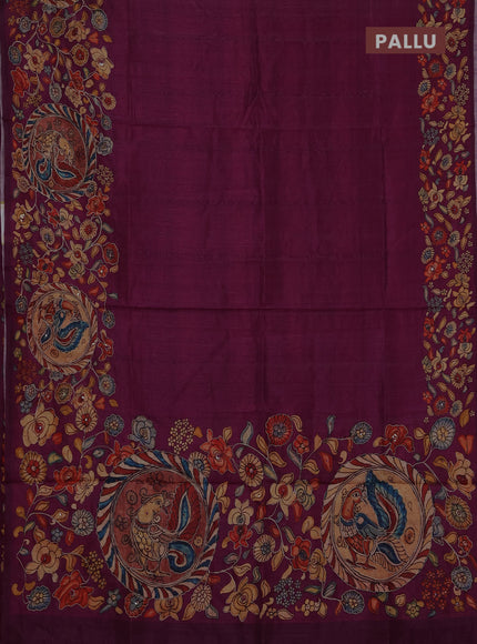 Semi raw silk saree Magenta pink with plain body and kalamkari prints & pita work