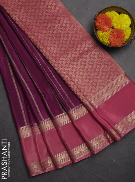 Semi mysore silk saree deep purple and peach shade with allover zari weaves and rettapet zari woven border