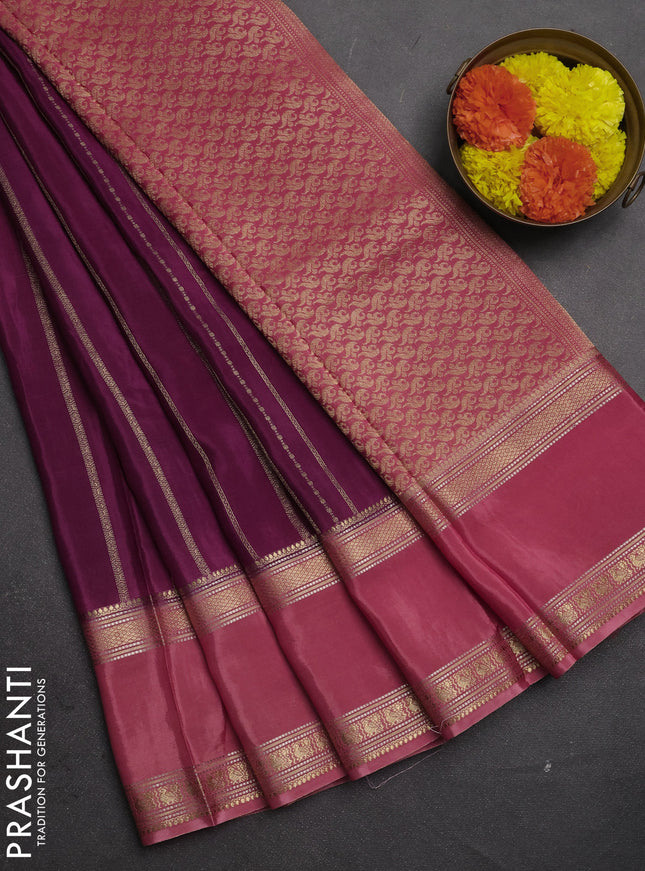 Semi mysore silk saree deep purple and peach shade with allover zari weaves and rettapet zari woven border