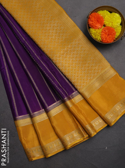 Semi mysore silk saree violet and mustard yellow with allover zari weaves and rettapet zari woven border