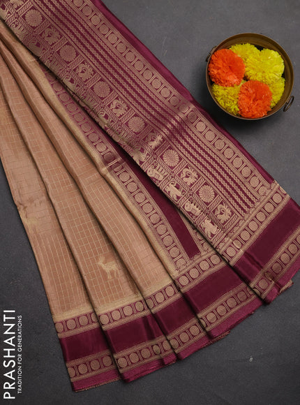 Semi mysore silk saree sandal and purple with allover zari checks & buttas and rudhrasha zari woven border