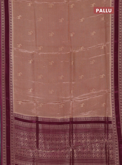 Semi mysore silk saree sandal and purple with allover zari checks & buttas and rudhrasha zari woven border