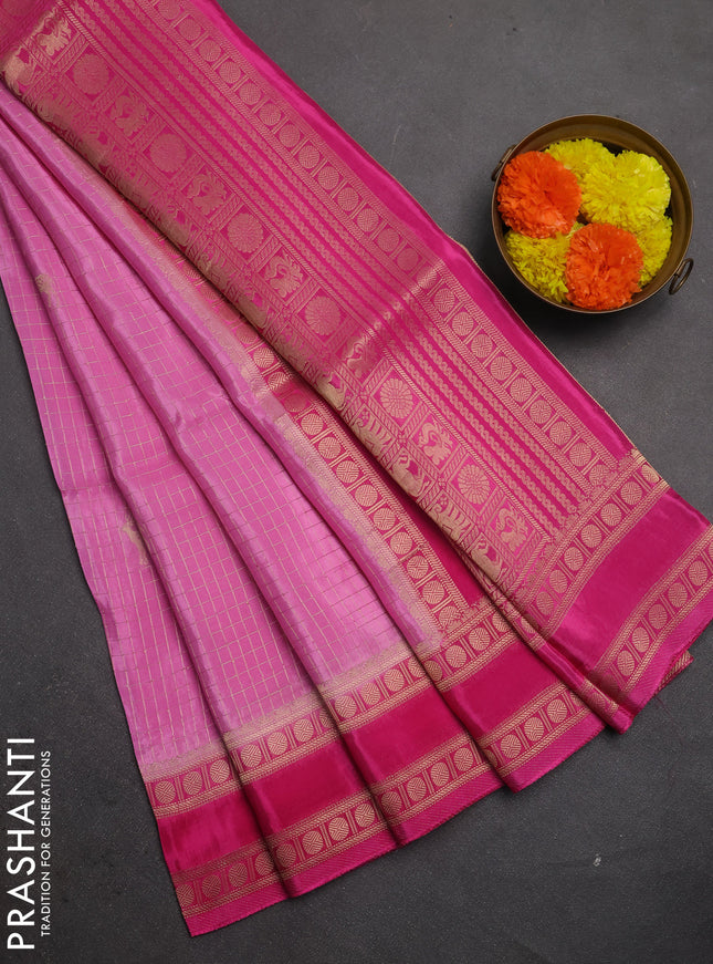 Semi mysore silk saree light pink and pink with allover zari checks & buttas and rudhrasha zari woven border