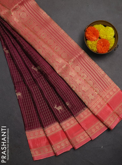 Semi mysore silk saree wine shade and peach pink with allover zari checks & buttas and rudhrasha zari woven border