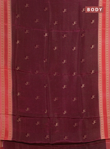 Semi mysore silk saree wine shade and peach pink with allover zari checks & buttas and rudhrasha zari woven border