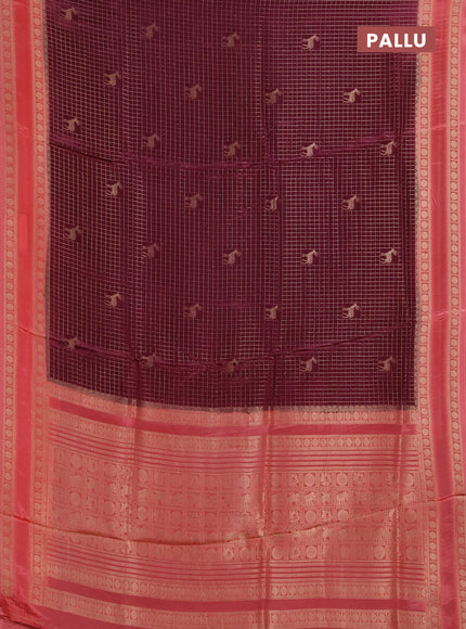 Semi mysore silk saree wine shade and peach pink with allover zari checks & buttas and rudhrasha zari woven border