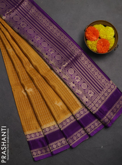 Semi mysore silk saree mustard yellow and violet with allover zari checks & buttas and rudhrasha zari woven border
