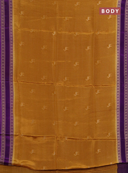 Semi mysore silk saree mustard yellow and violet with allover zari checks & buttas and rudhrasha zari woven border
