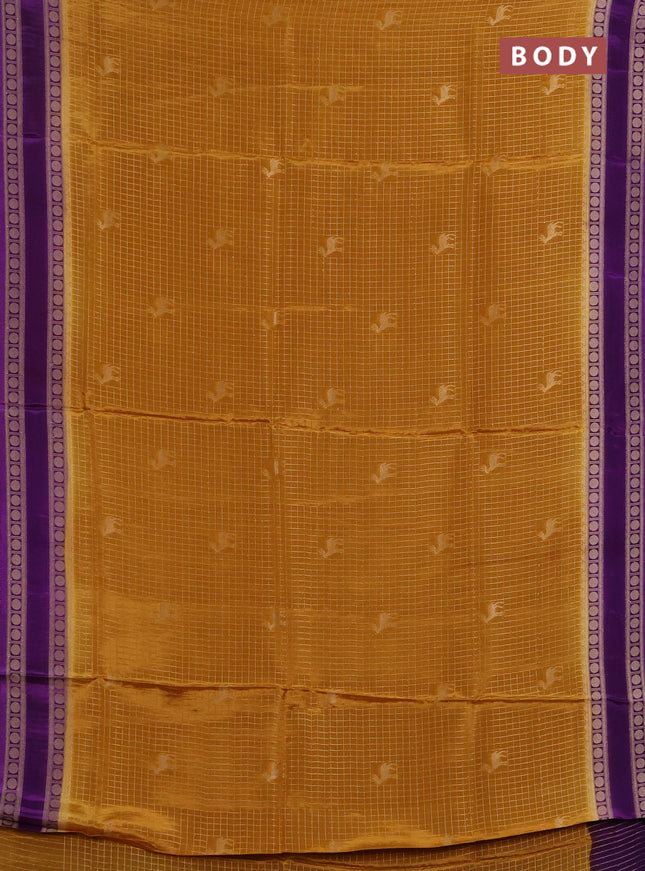 Semi mysore silk saree mustard yellow and violet with allover zari checks & buttas and rudhrasha zari woven border