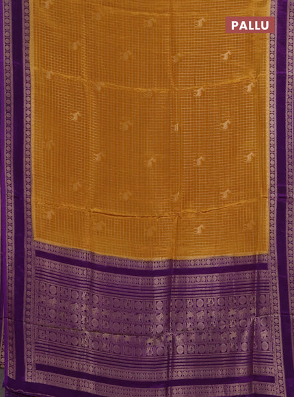 Semi mysore silk saree mustard yellow and violet with allover zari checks & buttas and rudhrasha zari woven border