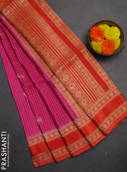 Semi mysore silk saree pink and orange with allover zari checks & buttas and rudhrasha zari woven border