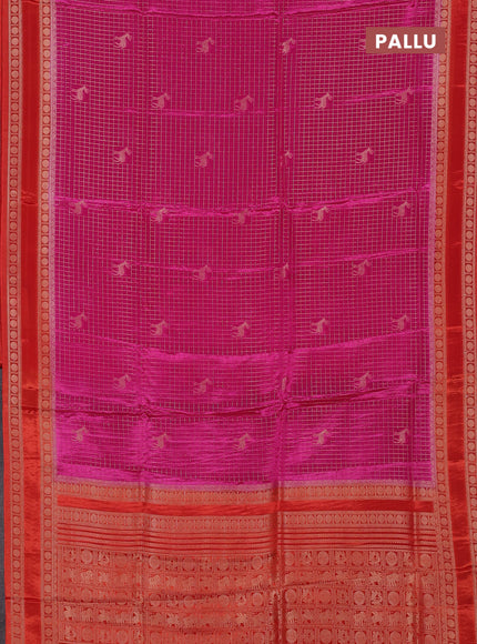 Semi mysore silk saree pink and orange with allover zari checks & buttas and rudhrasha zari woven border