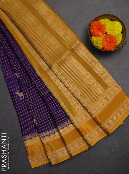 Semi mysore silk saree violet and mustard yellow with allover zari checks & buttas and rudhrasha zari woven border