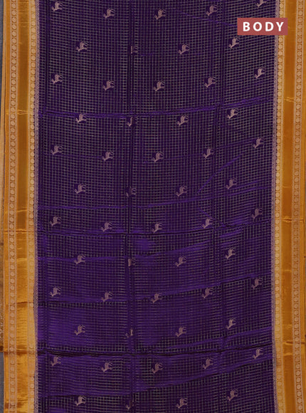 Semi mysore silk saree violet and mustard yellow with allover zari checks & buttas and rudhrasha zari woven border