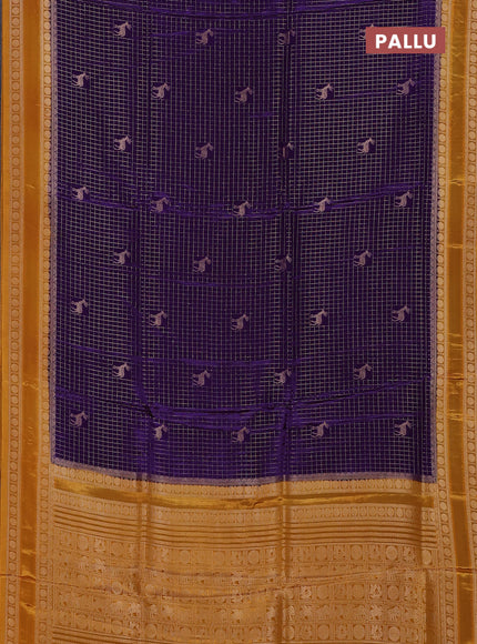 Semi mysore silk saree violet and mustard yellow with allover zari checks & buttas and rudhrasha zari woven border