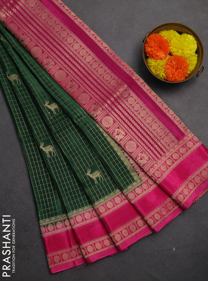 Semi mysore silk saree green and pink with allover zari checks & buttas and rudhrasha zari woven border