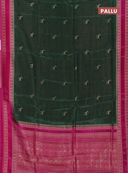 Semi mysore silk saree green and pink with allover zari checks & buttas and rudhrasha zari woven border