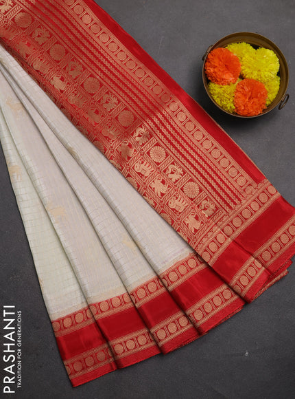 Semi mysore silk saree off white and red with allover zari checks & buttas and rudhrasha zari woven border