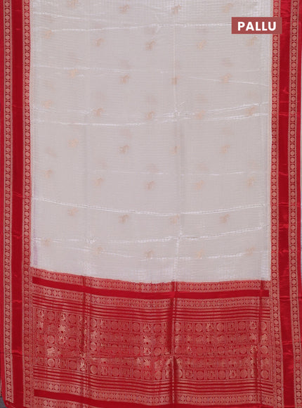Semi mysore silk saree off white and red with allover zari checks & buttas and rudhrasha zari woven border
