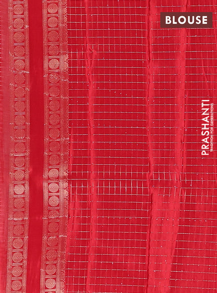 Semi mysore silk saree off white and red with allover zari checks & buttas and rudhrasha zari woven border