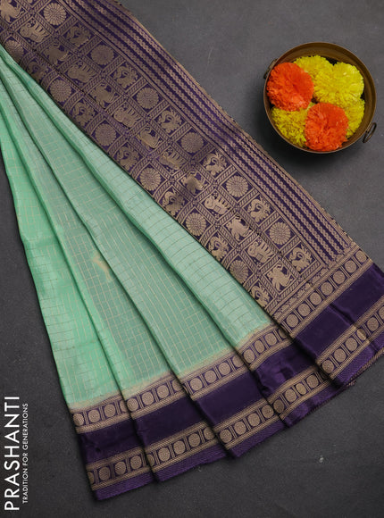 Semi mysore silk saree teal green and violet with allover zari checks & buttas and rudhrasha zari woven border