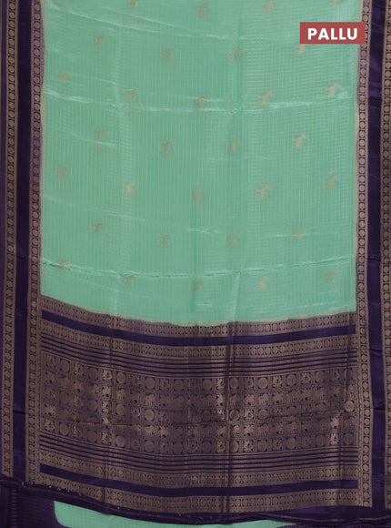Semi mysore silk saree teal green and violet with allover zari checks & buttas and rudhrasha zari woven border