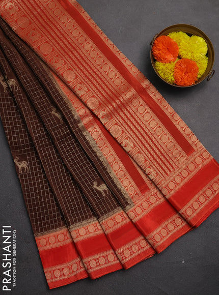 Semi mysore silk saree coffee brown and red with allover zari checks & buttas and rudhrasha zari woven border