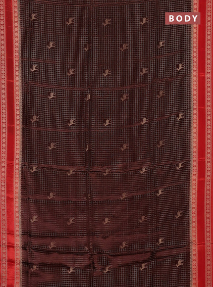 Semi mysore silk saree coffee brown and red with allover zari checks & buttas and rudhrasha zari woven border