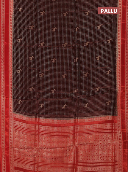 Semi mysore silk saree coffee brown and red with allover zari checks & buttas and rudhrasha zari woven border