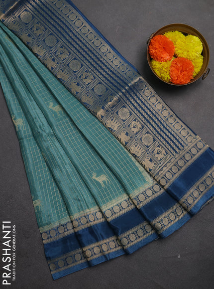 Semi mysore silk saree pastel green and peacock blue with allover zari checks & buttas and rudhrasha zari woven border