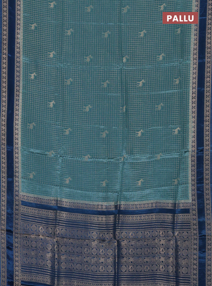 Semi mysore silk saree pastel green and peacock blue with allover zari checks & buttas and rudhrasha zari woven border