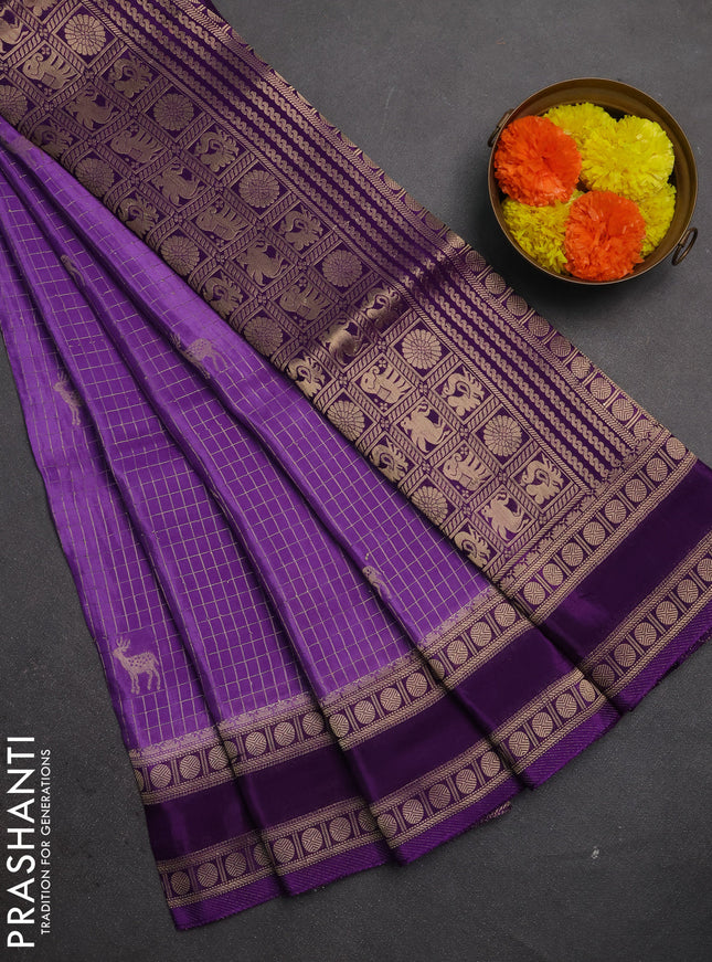 Semi mysore silk saree lavender and violet with allover zari checks & buttas and rudhrasha zari woven border