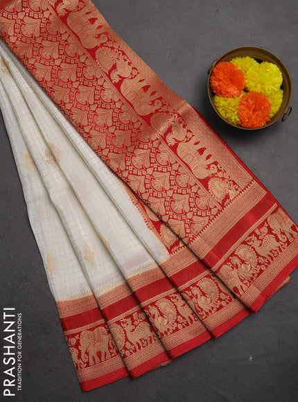 Semi mysore silk saree off white and red with allover zari checks & buttas and rich zari woven border