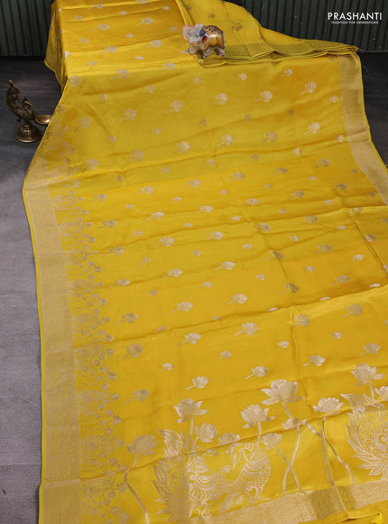 Banarasi silk saree lime yellow with zari woven buttas and rich zari woven border