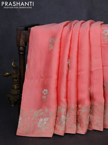 Banarasi silk saree peach with zari woven floral buttas and floral design border