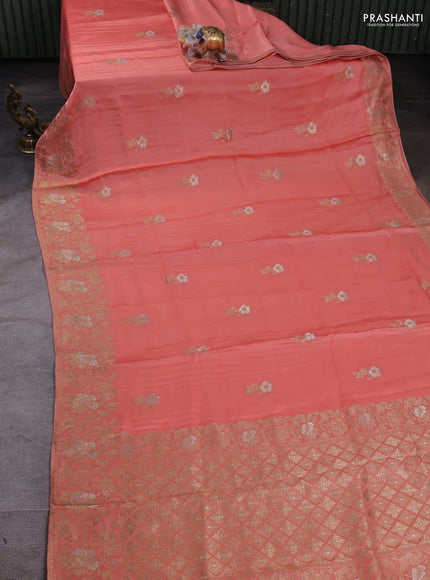 Banarasi silk saree peach with zari woven floral buttas and floral design border