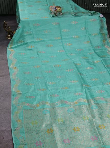Banarasi silk saree teal green with floral zari woven buttas and rich zari woven border