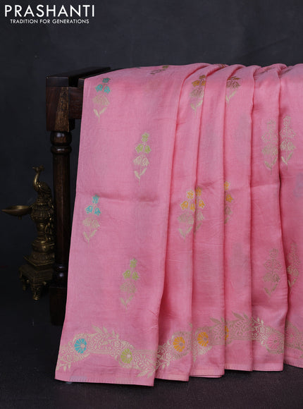 Banarasi silk saree peach pink with floral zari woven buttas and rich zari woven border