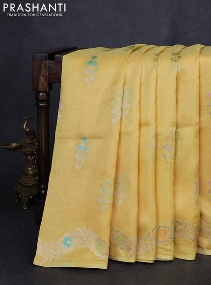 Banarasi silk saree yellow with floral zari woven buttas and rich zari woven border