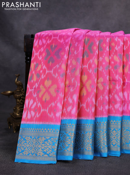 Ikat soft silk saree candy pink and cs blue with allover ikat weaves and zari woven border