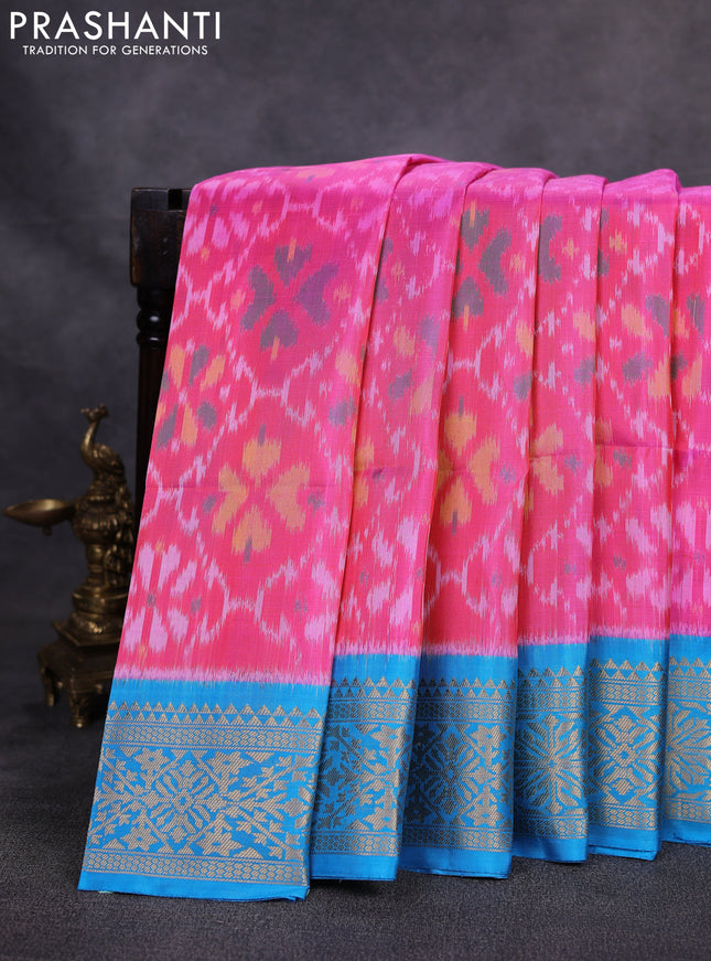 Ikat soft silk saree candy pink and cs blue with allover ikat weaves and zari woven border