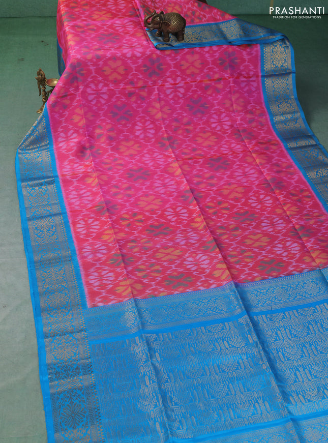 Ikat soft silk saree candy pink and cs blue with allover ikat weaves and zari woven border