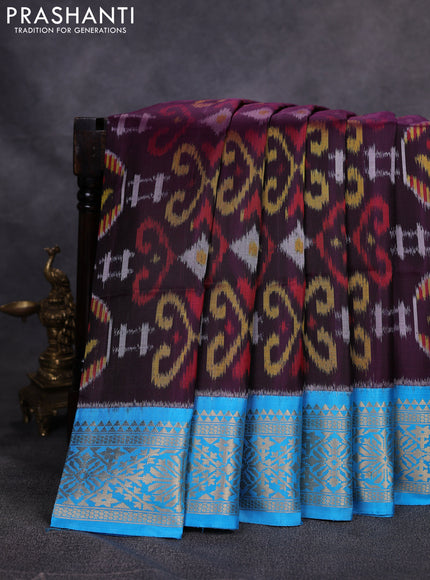 Ikat soft silk saree deep wine and cs blue with allover ikat weaves and zari woven border