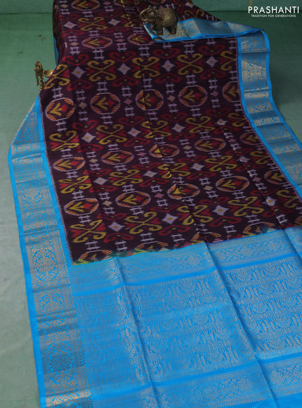 Ikat soft silk saree deep wine and cs blue with allover ikat weaves and zari woven border