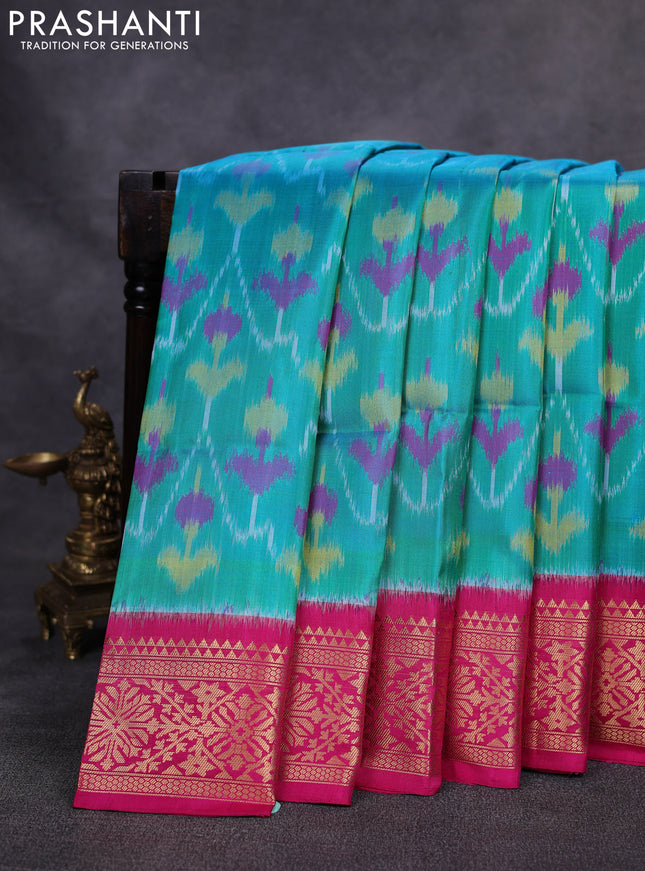 Ikat soft silk saree teal green and pink with allover ikat weaves and zari woven border