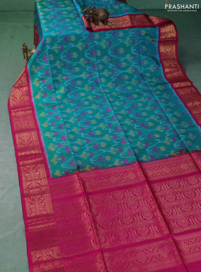 Ikat soft silk saree teal green and pink with allover ikat weaves and zari woven border