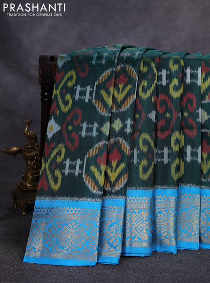 Ikat soft silk saree green and cs blue with allover ikat weaves and zari woven border