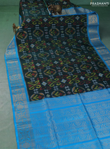 Ikat soft silk saree green and cs blue with allover ikat weaves and zari woven border