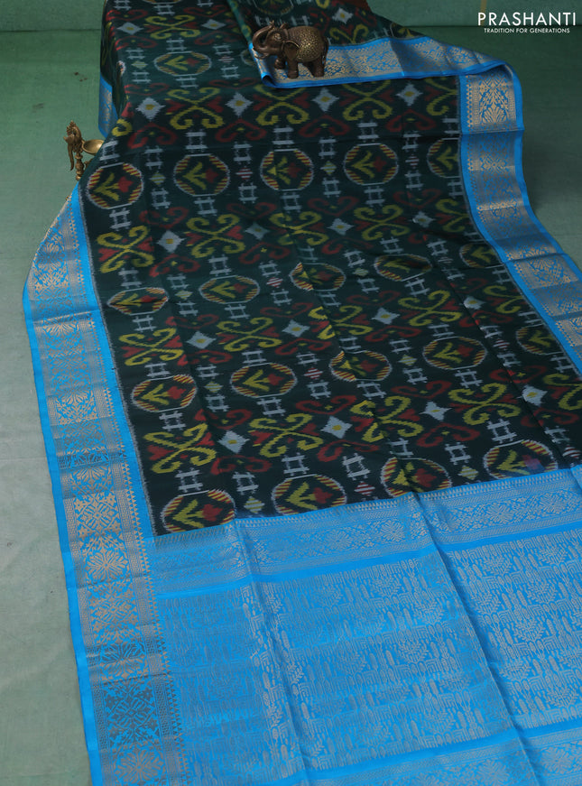 Ikat soft silk saree green and cs blue with allover ikat weaves and zari woven border