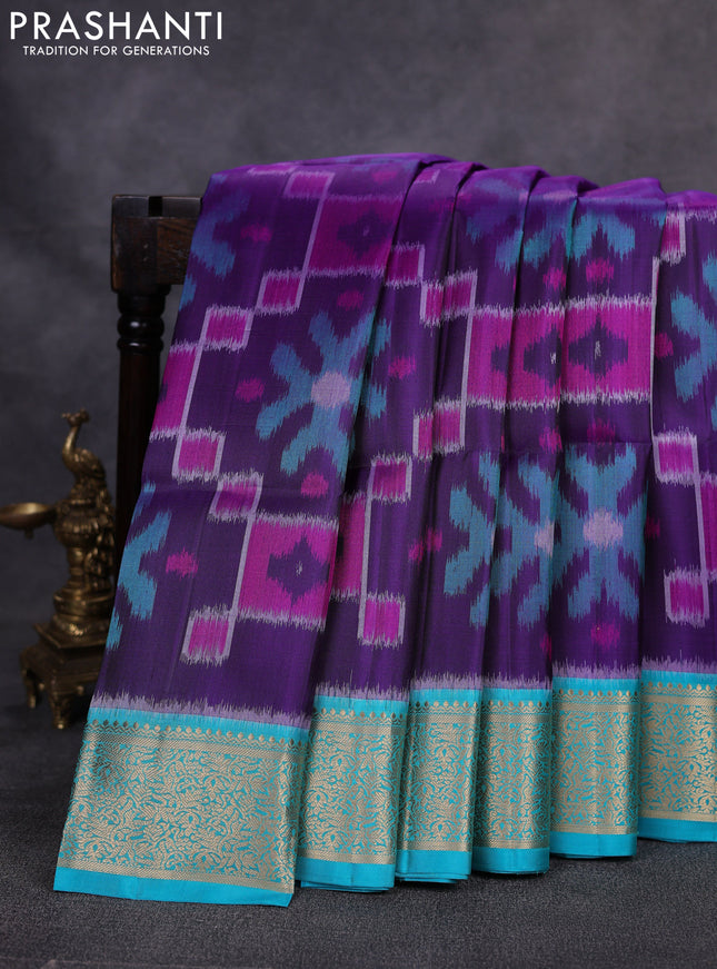 Ikat soft silk saree deep violet and teal blue with allover ikat weaves and zari woven border